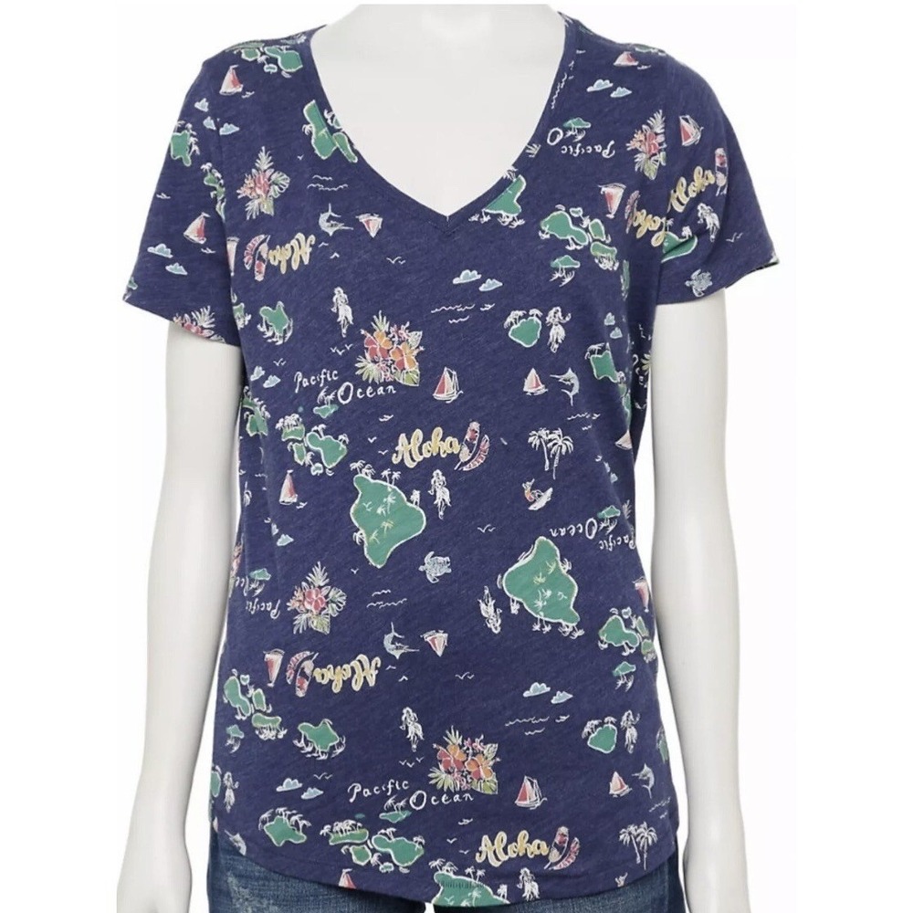 Sonoma Womens Essential Everyday V Neck Tee XS New with Tags Navy Map Blue Nice